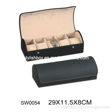 Round Black PU Watch Box with 5 Slots (SW0054)